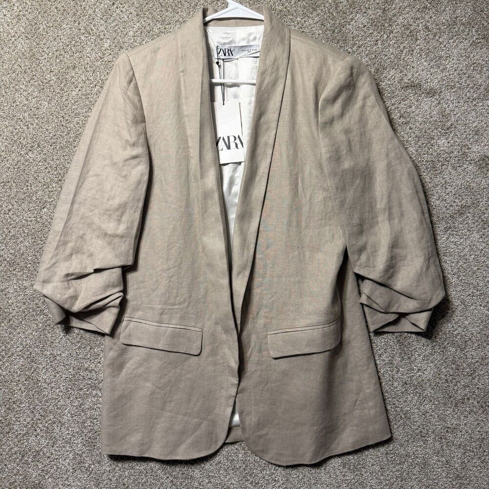 ZARA Linen Blazer M Neutral Beige Ruched Sleeves Open Front Jacket Coastal Chic